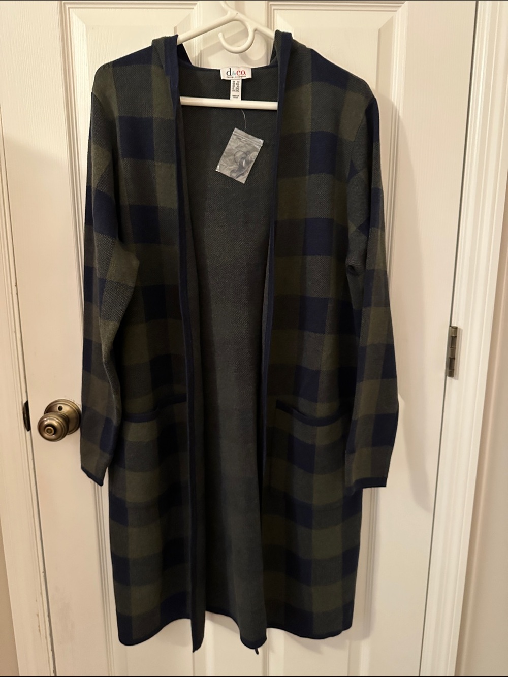 Denim&Co Olive and Navy Plaid Hooded Open Coatigan